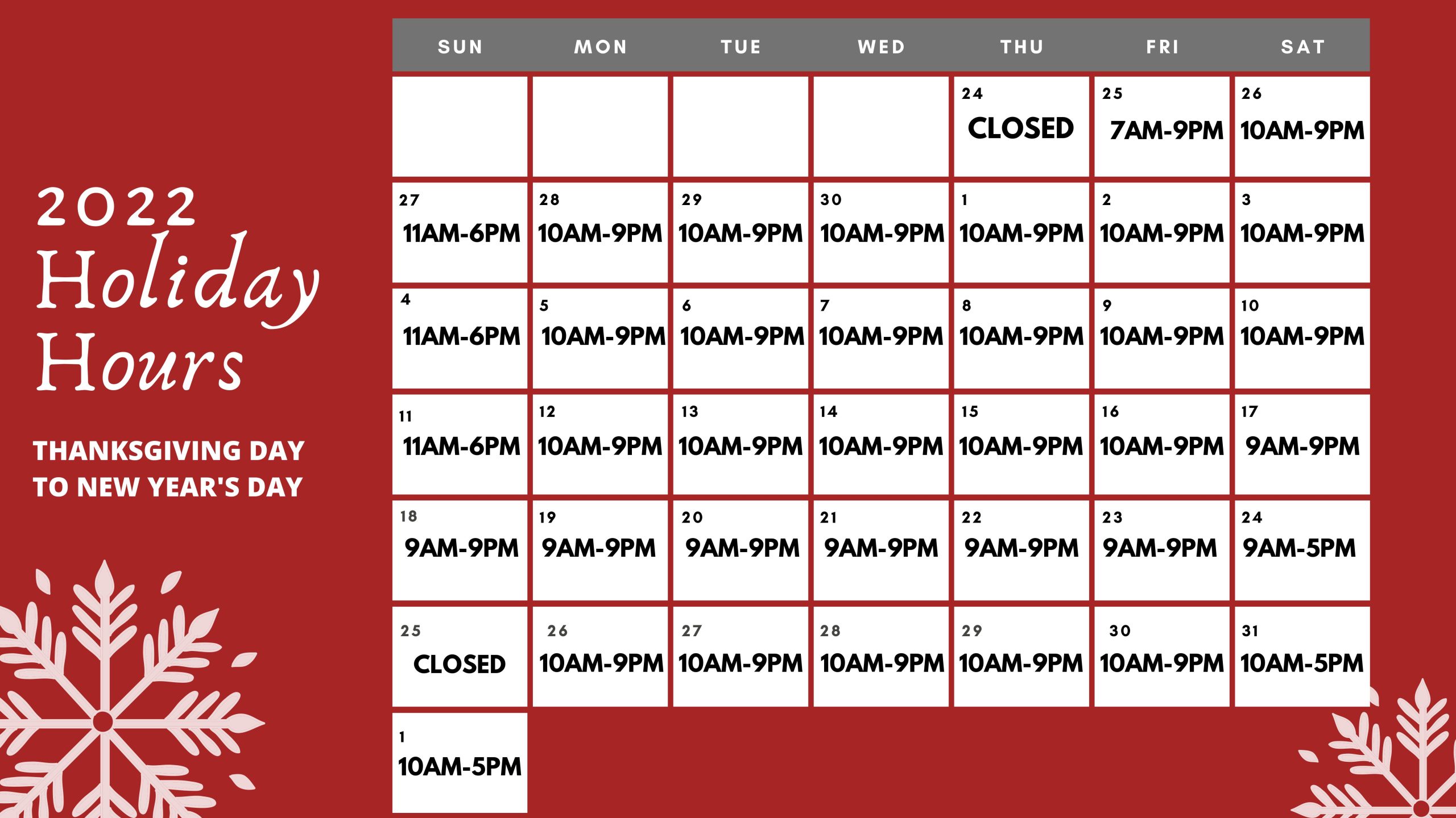 2022 Holiday Hours Updated